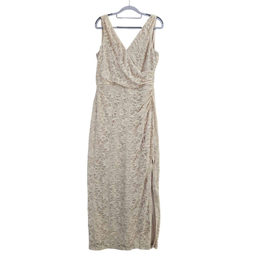 Ralph Lauren Evening Beige Floral Lace Ruched Sequin Formal Gown Dress Womens 10